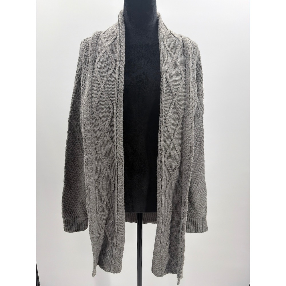 KC Collections Gray Cable Knit Shawl Collar Open Front Cardigan Sweater Womens L